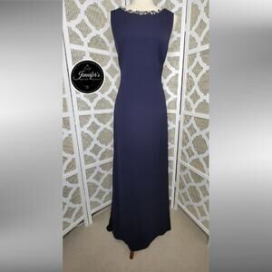 Vince Camuto Navy Blue Embellished Open Ruffle Back Crepe Gown Size 12